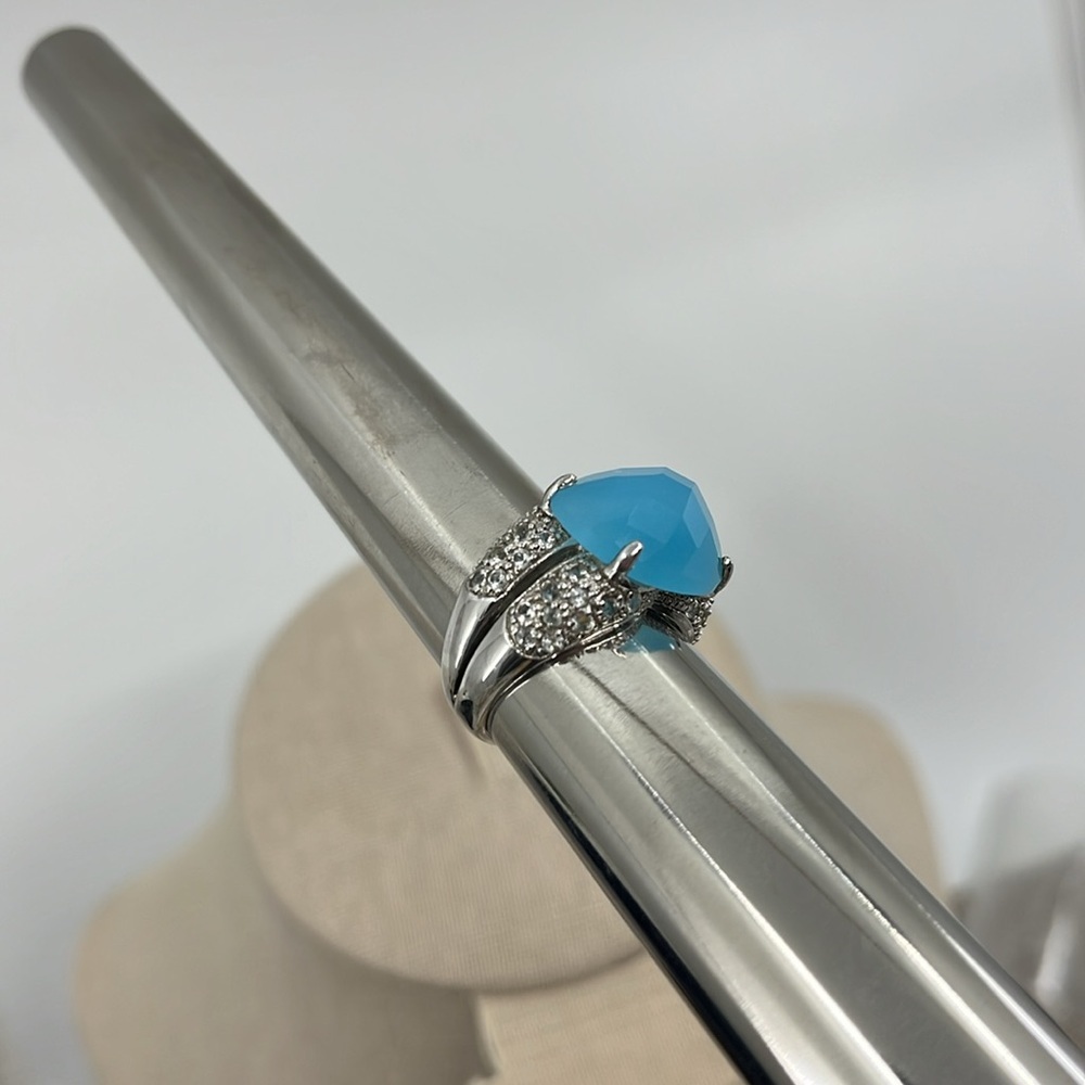 💎 925 Sterling Silver Blue Chalcedony & CZ Ring - Size 7, Thailand - Picture 12 of 14
